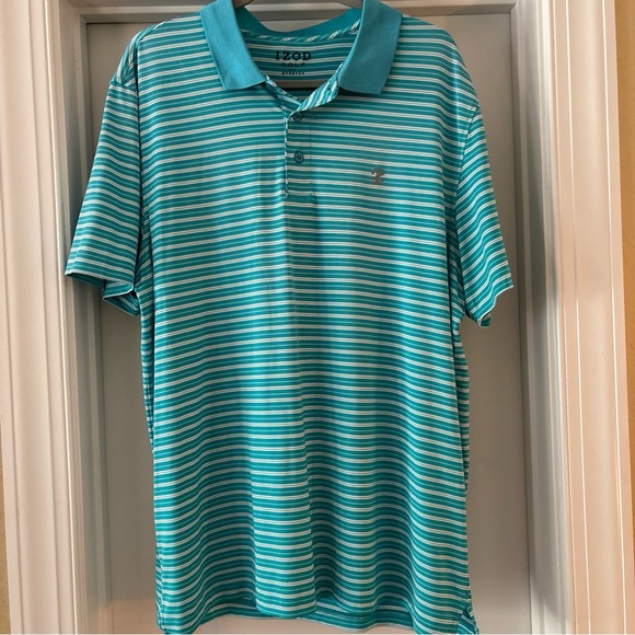 IZOD GOLF With STRETCH Size Large BLUE WHITE STRIPE SS - Picture 2 of 16